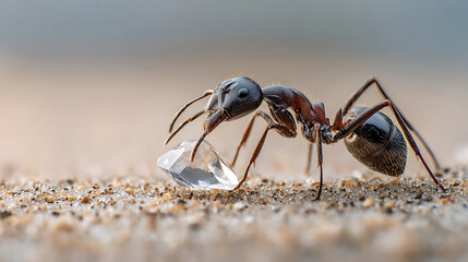 Macro photograph of a strong ant carrying a crystal treasure on a sandy ground