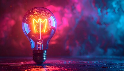 Lightbulb with glowing filament on a reflective surface with a vibrant, colorful, smoky background