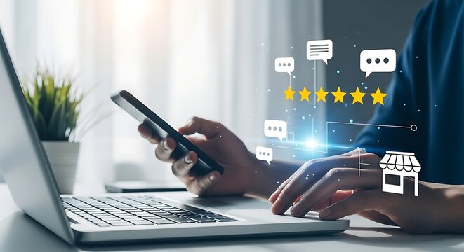 Person using laptop and phone with online reviews and ratings stars feedback