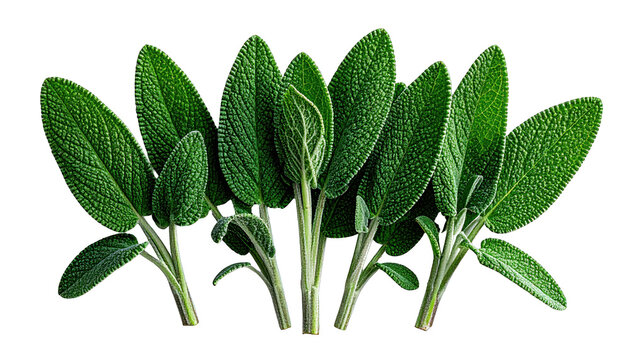 Close-up of vibrant green sage leaves on stems against a black background - Powered by Adobe