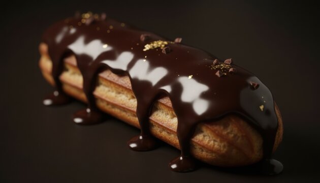Decadent chocolate eclair with glossy ganache and gold dust for luxury dessert and celebration concept - Powered by Adobe