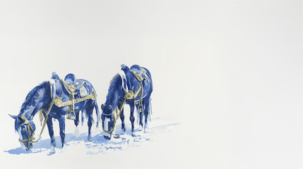 青いインクで描かれた二匹の馬