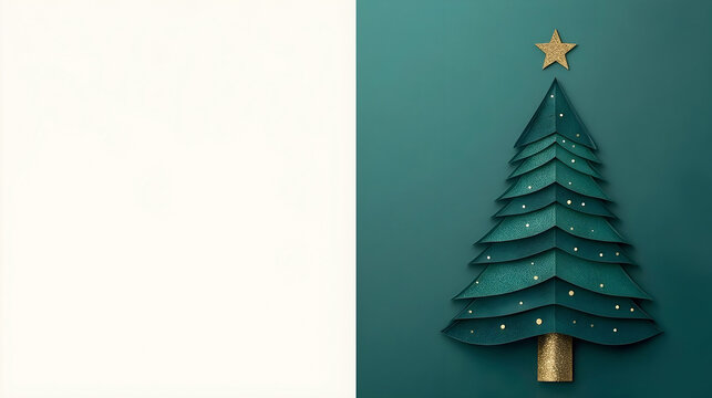 Modern minimalist Christmas tree background in teal and gold, paper-cut holiday design, wide 16:9 layout with left text space - Powered by Adobe