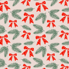 Seamless pattern with red polka-dot bows and a green pine branch. Christmas holiday decoration for gift wrapping, fabric design.