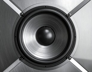 Close-up of a speaker with a circular cone and metallic paneling
