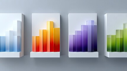 Four abstract bar graphs in blue, orange, purple, and green gradients are displayed on white shelves against a gray background. The bars increase in height from