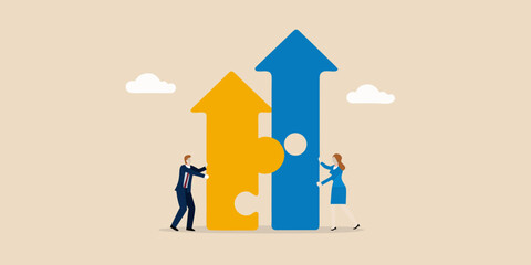 Business partners assemble puzzle pieces to create upward growth arrows