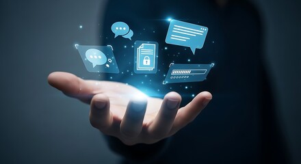 Hand holding digital icons for communication and data security Keywords: hand, holding, digital