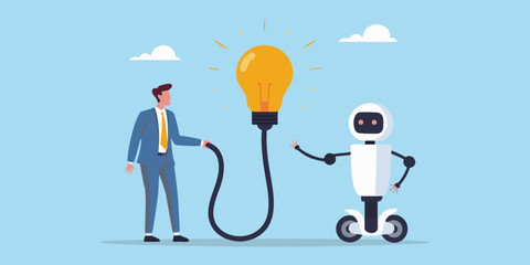 Businessman and robot connect to a bright idea lightbulb