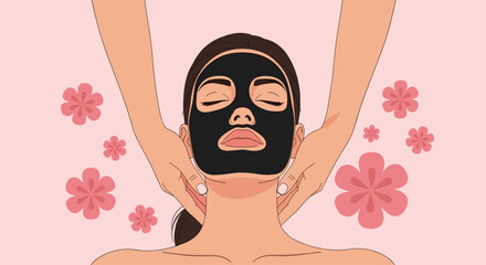 Relaxing spa day featuring a rejuvenating black facial mask and soothing neck massage, surrounded by delicate pink flowers for a serene experience