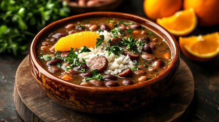 Brazilian feijoada stew beans sausage rice orange slices traditional ceramic bowl no people