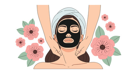 Relaxing spa day illustration featuring woman with a purifying facial mask and pretty pink flowers for beauty and wellness concepts