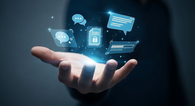 Hand holding digital icons for communication and data security Keywords: hand, holding, digital