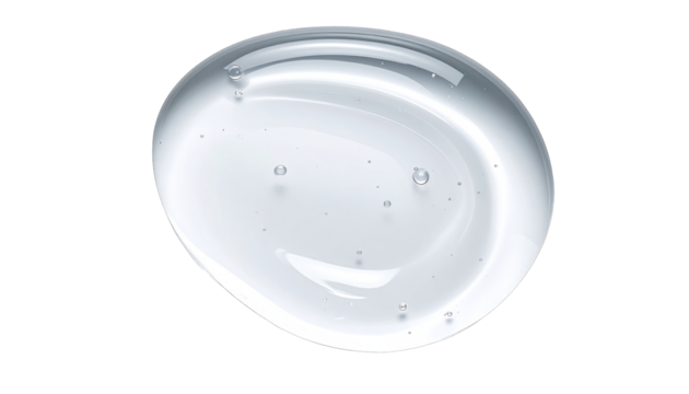 Droplet of clear, viscous liquid with small bubbles, isolated on black