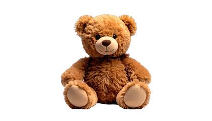 Obraz premium A fluffy, brown teddy bear with dark eyes and a stitched-on smile, on black