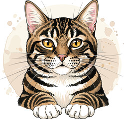 Detailed Vector Watercolor Illustration of a Cute Tabby Cat Portrait with Striped Fur, Bright Eyes, and a Splash Background, Ideal for Pet Care and Animal Design Graphics