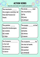 Educational Practice Worksheet for Mastering Action Verbs Enhance English Grammar Skills Through Sentence Completion Activities and Verb Identification