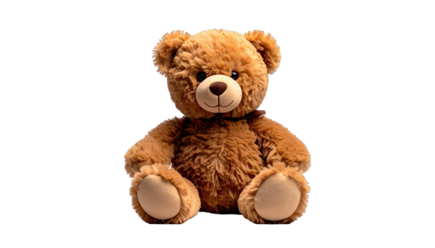 A fluffy, brown teddy bear with dark eyes and a stitched-on smile, on black