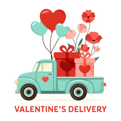 Valentine&rsquo;s Delivery Truck with Gifts, Flowers, and Balloons-A whimsical vector illustration of a teal vintage pickup truck delivering Valentine's Day gifts.