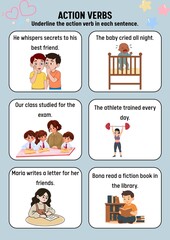 Colorful educational worksheet with illustrations to teach children action verbs, enhancing language skills and grammar comprehension through engaging daily activity examples