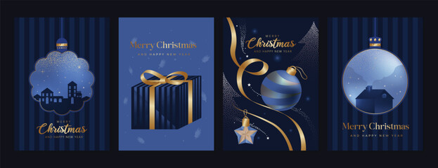 Obraz premium Luxury Christmas and Happy New Year vector greeting card set in navy blue and gold with gift box, ornaments, ribbon and snowy village — elegant winter holiday design collection