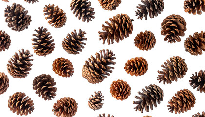 A black backdrop filled with scattered, brown, detailed pine cones