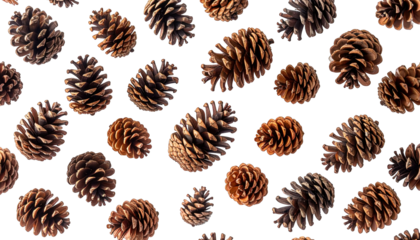 A black backdrop filled with scattered, brown, detailed pine cones
