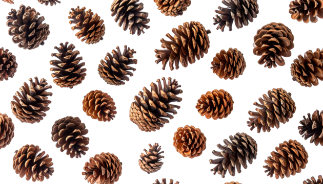 A black backdrop filled with scattered, brown, detailed pine cones
