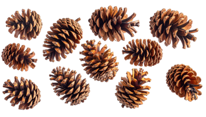 Several dried brown cones of various sizes scattered against a stark black background