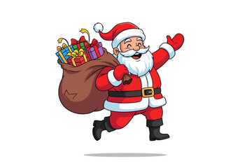 Cartoon Santa Claus carrying a large sack of colorful gifts and waving with a joyful expression on a plain white background.
