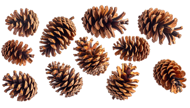 Several dried brown cones of various sizes scattered against a stark black background