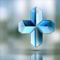 A 3D rendered abstract geometric shape resembling a cross, composed of faceted blue glass-like segments, floats in the center against a soft, blurred, gradient