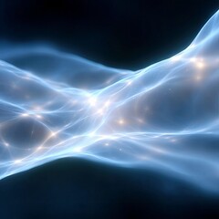 An abstract visualization of flowing blue energy waves with scattered glowing particles against a dark, moody background.