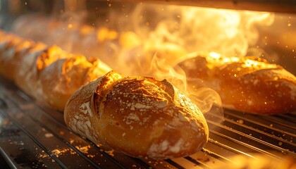 Baguettes baking on a rack, glowing with heat and steam, promising fresh, crusty delight