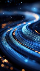 Abstract blue light streaks with glowing orange bokeh lights in a dark, futuristic environment.