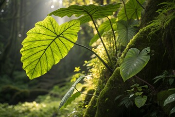 Lush green elephant ear leaves illuminated by soft sunlight filtering through a dense misty rainforest canopy showcasing vibrant tropical foliage and a sense of natural wonder