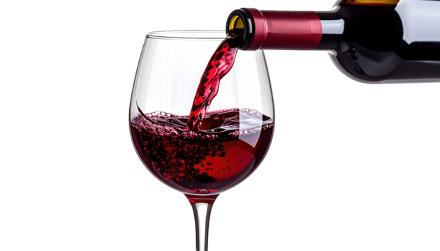Crimson liquid pouring from a dark bottle into a clear, stemmed glass