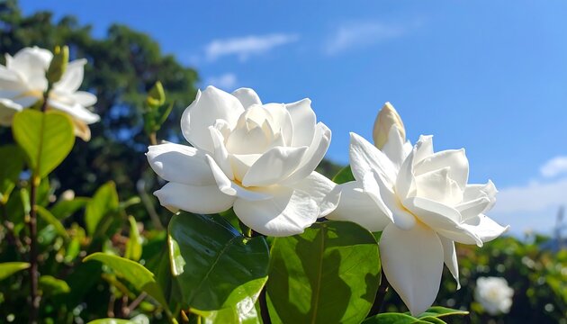 Close-up of white flowers in bloom against a blue sky with scattered clouds and green foliage backdrop