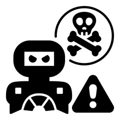 Malicious AI and Cyber Threat Warning Glyph Icon. Sinister Robot and Skull and Crossbones Symbol - Concept for AI Risk, Lethal Autonomous Weapons, and Dangerous Technology.
