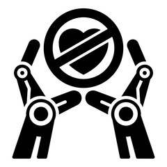 Prohibiting Emotional AI Glyph Icon. Robotic Hands Holding a Crossed-Out Heart - Concept for the Ban on Machine Empathy and Setting Ethical Red Lines in AI Development.