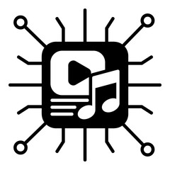 AI Media Processing Chip Glyph Icon. Artificial Intelligence in Video and Music Creation - The Core of Generative Content, Entertainment Technology, and Digital Production.