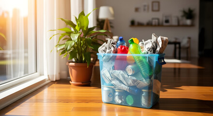 A blue recycling bin filled with plastic bottles, cans, and paper sits on a wooden floor in a sunlit home, promoting environmental responsibility.