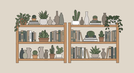 Serene bookcase illustration featuring books, potted plants, and decorative vases in neutral tones for a calming vibe
