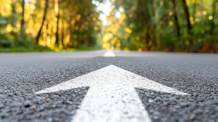 Perspective Shot of Arrow Painted on Asphalt Highway Surrounded by Trees