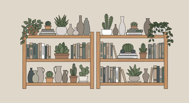 Serene bookcase illustration featuring books, potted plants, and decorative vases in neutral tones for a calming vibe