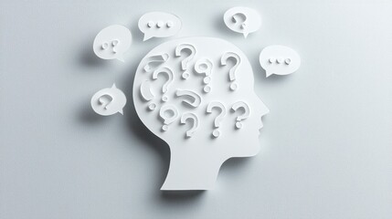 Paper Silhouette Head with Question Marks Thought Bubble Design