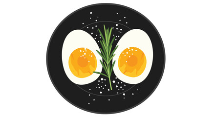 Delicious and healthy breakfast idea two boiled eggs with fresh rosemary and salt served on a black plate for your morning routine