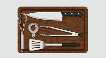 Essential kitchen tools flat lay for cooking blogs or food photography projects and culinary concepts on rustic wood background for websites