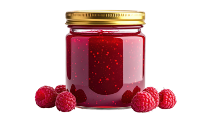 Jar of vibrant red fruit preserve with gold lid, surrounded by fresh raspberries