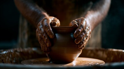 Skilled hands shaping a clay vase on a pottery wheel, showcasing earthy tones and textures in a cozy, mindful crafting environment